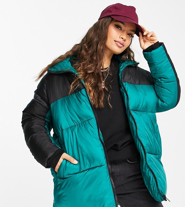 Asos Design Petite Color Block Puffer Jacket In Green-blues