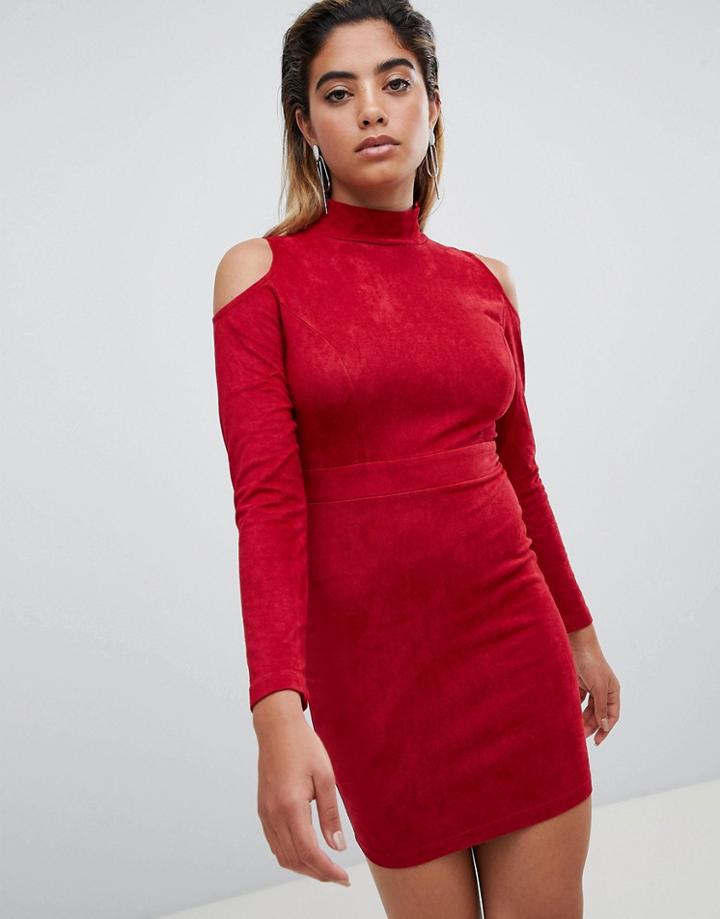 Ax Paris Cold Shoulder Long Sleeve Bodycon Dress-red