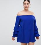 Ax Paris Plus Tiered Sleeve Off The Shoulder Dress - Navy