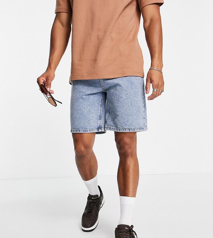 Reclaimed Vintage Inspired 90's Baggy Denim Short In Dirty Bleach Wash-blues