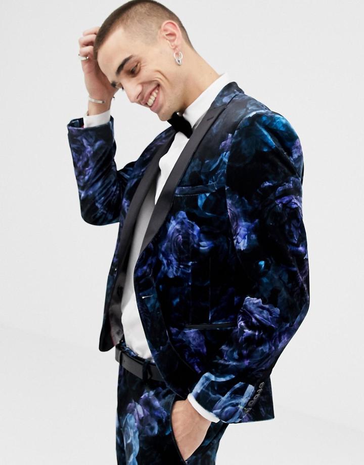 Twisted Tailor Super Skinny Suit Jacket In Printed Floral Velvet - Navy