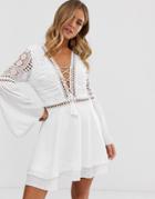 Parisian Lace Up Tunic Dress With Crochet Top And Bell Sleeves-white