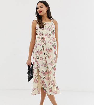 Wild Honey Maternity Tie Shoulder Maxi Dress With Shirring In Rose Floral - Beige