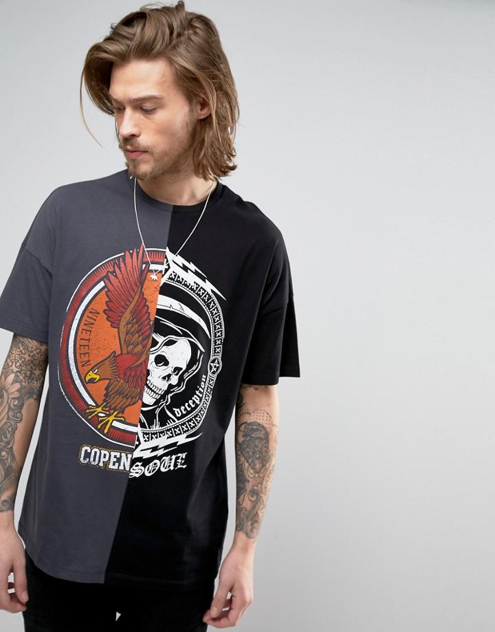 Asos Oversized T-shirt With Spliced Skull And Bird Print - Black
