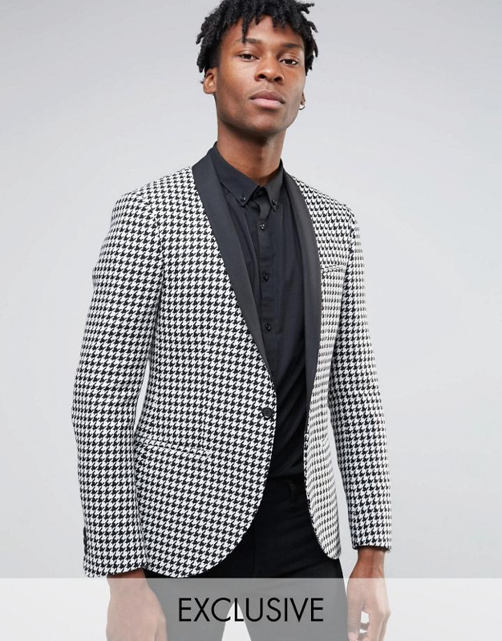 Noak Slim Blazer In Houndstooth With Contrast Shawl Lapel - Black