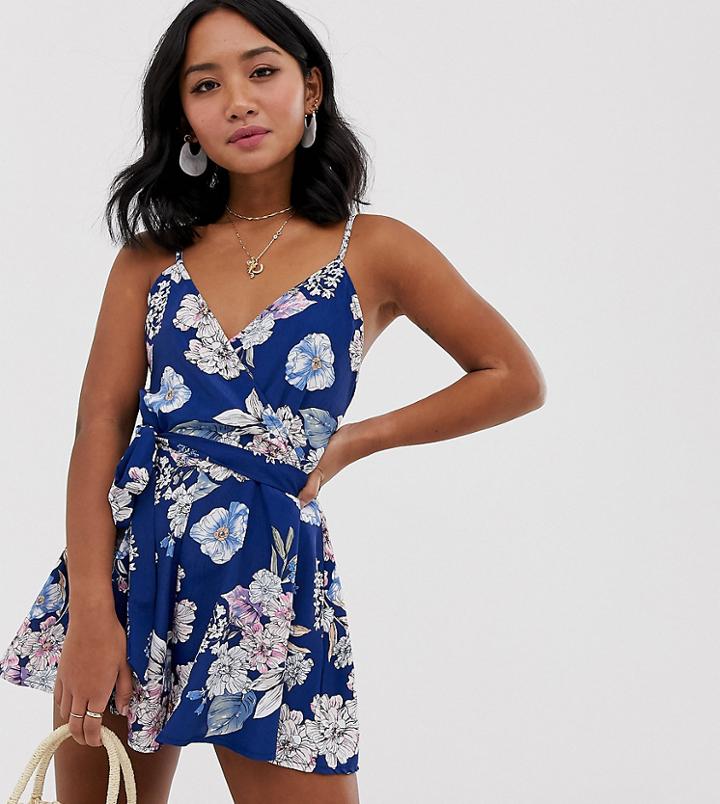 Parisian Petite Wrap Front Dress With Tie Sleeve Detail In Floral Print - Navy