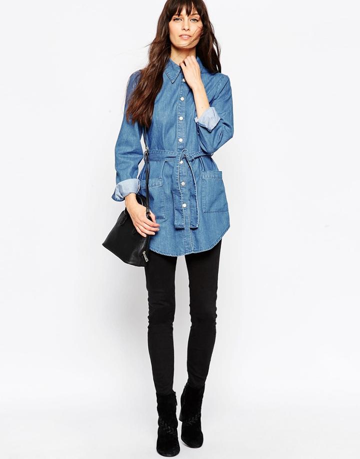 Asos Denim Belted Shirt In Mid-blue Wash - Midwash Blue
