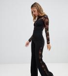 John Zack Petite Long Sleeve Jumpsuit With Lace Insert In Black - Black