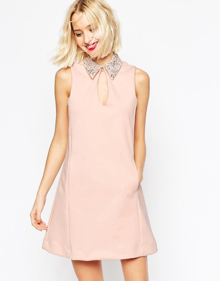Asos Embellished Collar Scuba Shift Mini Dress - Nude