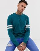 Asos Design Organic Skinny Long Sleeve T-shirt With Stretch And Contrast Sleeve Stripe In Green - Green