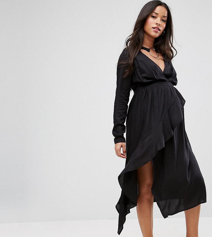 Asos Maternity Tall Nursing Midi Dress With Ruffle Front And Collar Detail-black