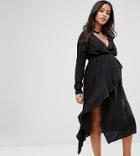 Asos Maternity Tall Nursing Midi Dress With Ruffle Front And Collar Detail-black