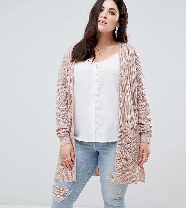 Brave Soul Plus Shawl Collar Cardigan In Fishman Rib Knit With Pockets - Pink