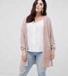 Brave Soul Plus Shawl Collar Cardigan In Fishman Rib Knit With Pockets - Pink