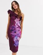 Lipsy Frilly One Shoulder Scuba Pencil Dress In Plum Floral Print-purple