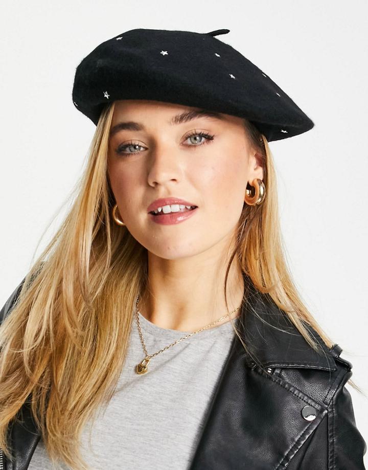 Accessorize Wool Beret With Star Detail Studs-black