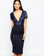 Club L Midi Dress With Lace Scallop Plunge - Navy