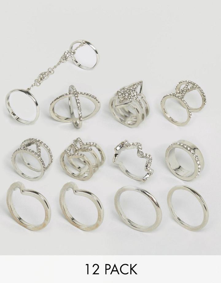 New Look 12 Pack Fine Bling Rings - Silver