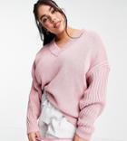 Asos Design Curve Sweater With V Neck And Ribbed Sleeves In Pink