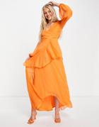 Asos Design Wrap Waist Maxi Dress With Double Layer Skirt And Long Sleeve-orange