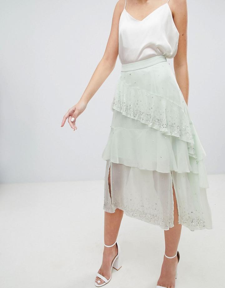 Asos Design Embellishment Asymmetric Ruffle High Low Midi Skirt - Green