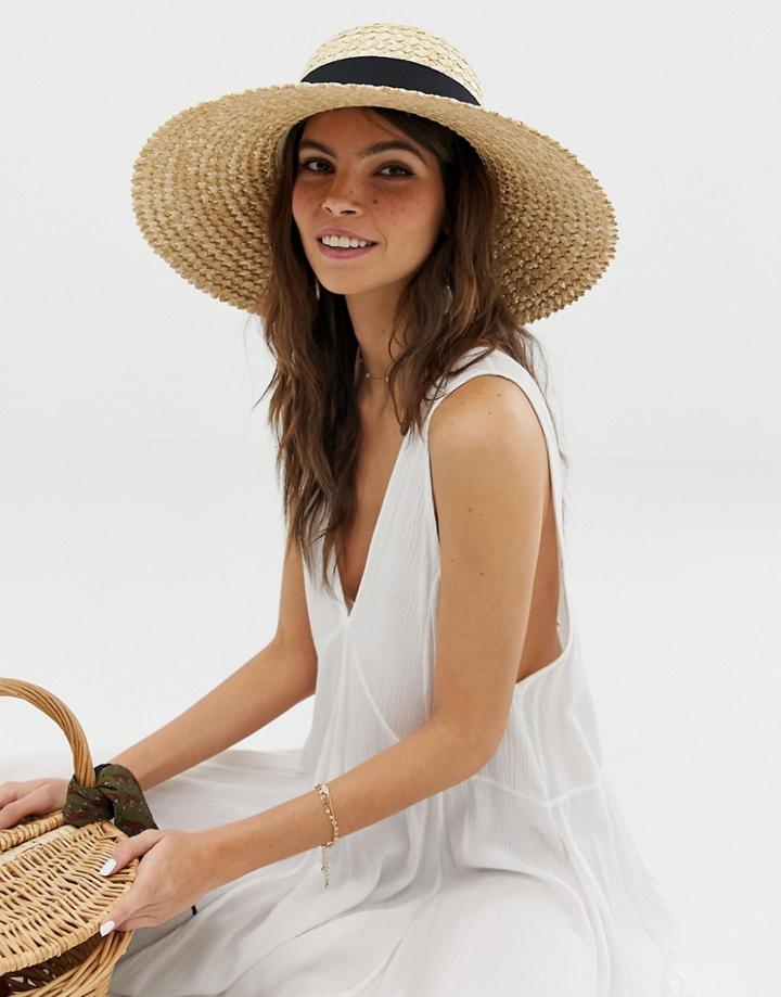 Asos Design Curve Crown Flat Brim Straw Hat - Brown