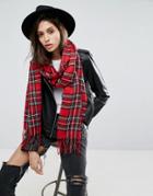 Asos Long Woven Plaid Scarf With Tassels - Red