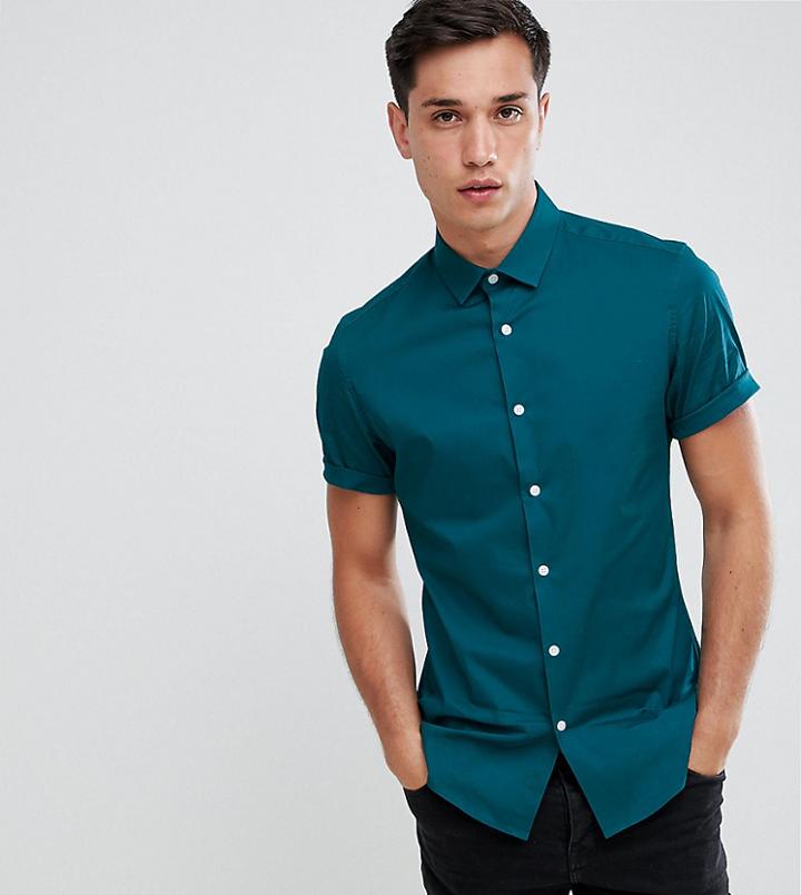 Asos Design Slim Shirt In Teal With Short Sleeves - Green