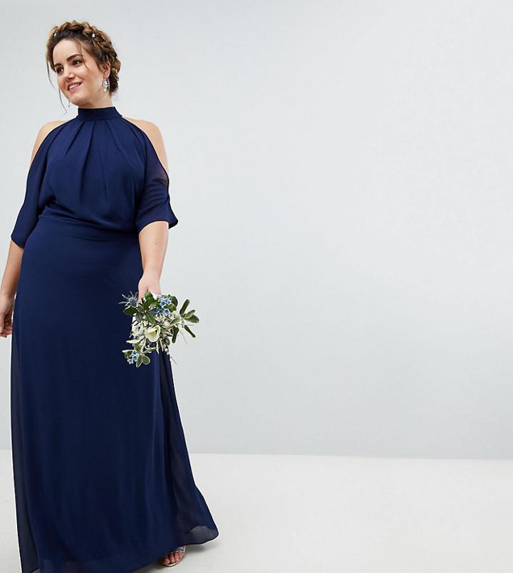 Tfnc Plus High Neck Maxi Bridesmaid Dress With Fishtail - Navy