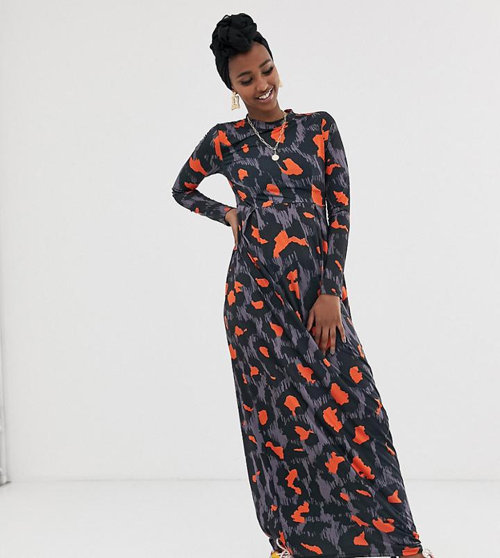 Verona Long Sleeved Jersey Maxi Dress With Pleat In Orange Leopard Print-multi