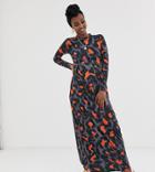 Verona Long Sleeved Jersey Maxi Dress With Pleat In Orange Leopard Print-multi