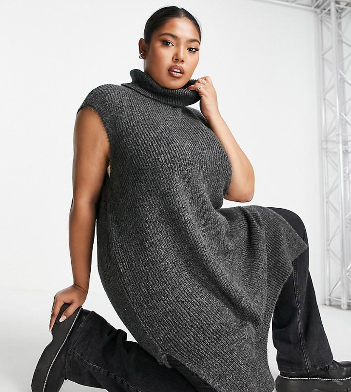 Only Curve Longline Roll Neck Knitted Tank Top In Gray-grey