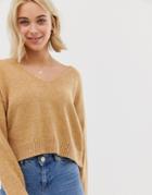 Asos Design Cropped Sweater In Fluffy Yarn And Off Shoulder-stone