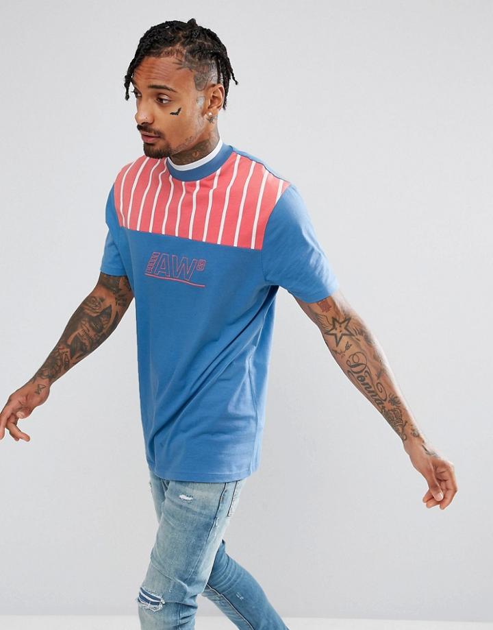 Asos Longline Turtleneck T-shirt With Stripe And Embroidery - Blue