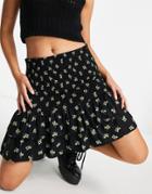 Miss Selfridge Shirred Mini Skirt In Black Stamp Print