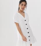 Asos Design Petite Button Through Slubby Mini Dress With Pep Hem-white