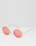 Weekday Retro Round Sunglasses In Gold Pink Lens - Gold