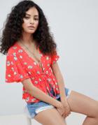 Asos Design Double Tie Top In Red Base Ditsy Floral Print - Multi