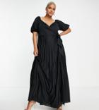 Asos Design Curve Recycled Polyester Puff Sleeve Gathered Front Maxi Dress In Black