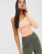 Asos Design One Shoulder Long Sleeve Crop T-shirt With Lettuce Hem In Coral - Pink