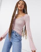 Asos Design Sweater With Open Neck And Frill Detail In Blush-pink