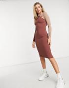 Asos Design Long Sleeve Cutout Rib Midi Dress With Open Back In Contrast Color-multi