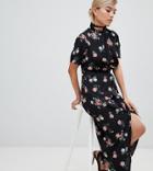 Fashion Union Petite High Neck Midi Dress With Ruched Front Detail In Vintage Floral - Black