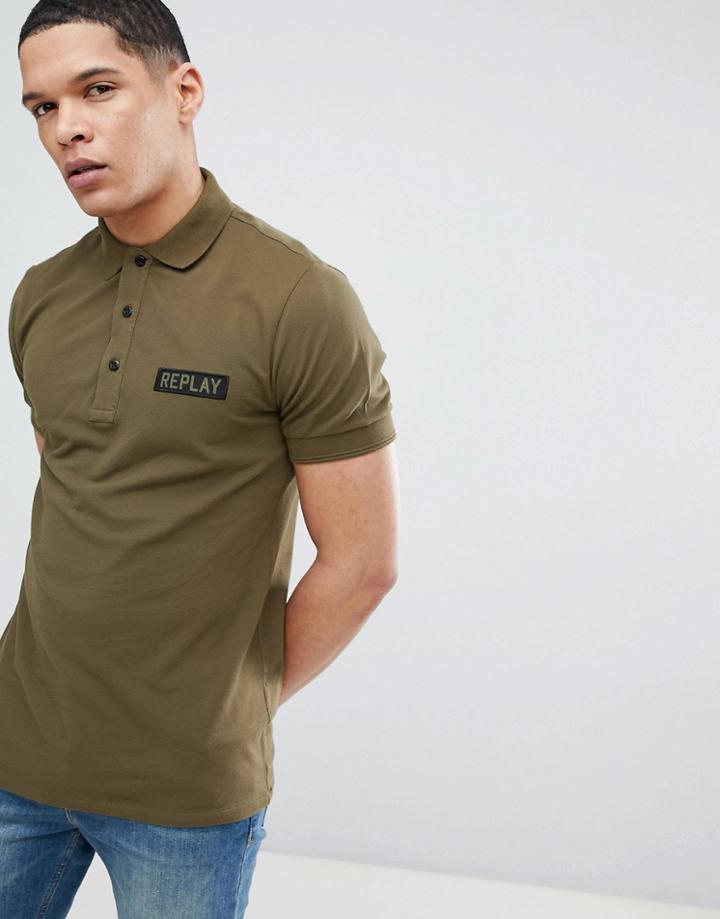 Replay Military Logo Pique Polo - Green