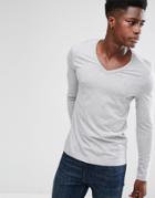 Asos Long Sleeve T-shirt With Deep V Neck - Gray