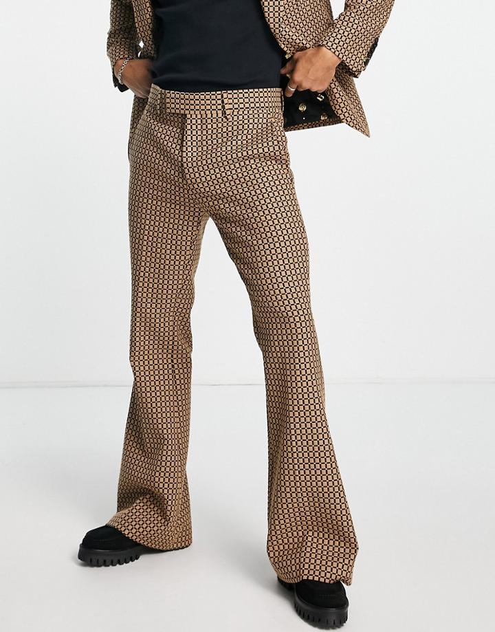 Twisted Tailor Malto Flared Suit Pants In Light Brown Micro Check