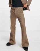 Twisted Tailor Malto Flared Suit Pants In Light Brown Micro Check