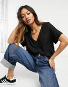 Monki V Neck T-shirt In Black