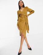 Asos Design Puff Sleeve Wrap Belted Midi Dress In Beige-orange