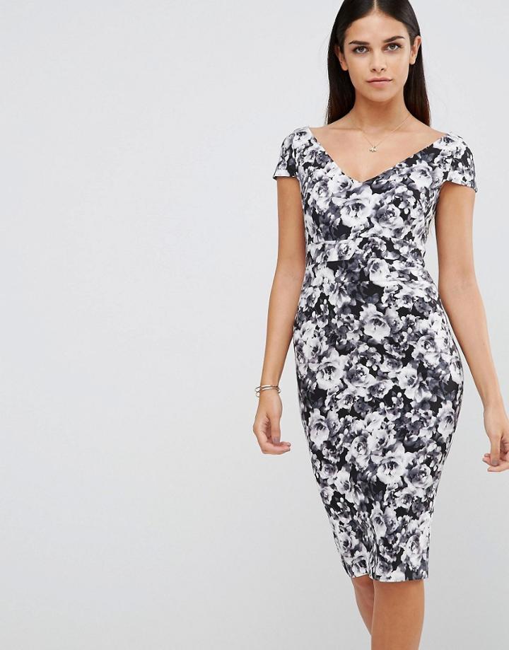 Vesper Monochrome Floral Print Pencil Dress - Black